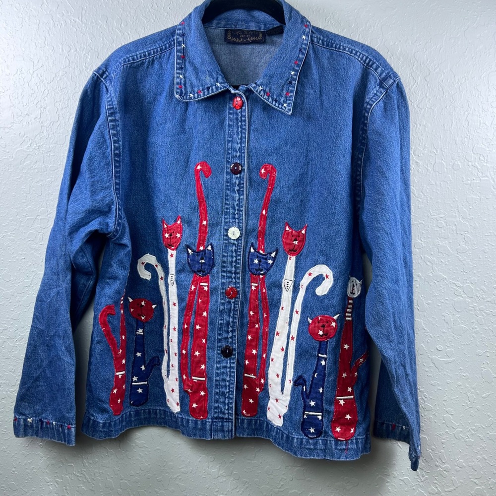 Vintage Life Style Denim Jacket Women Americana Cat Applique Star Blue PL Large